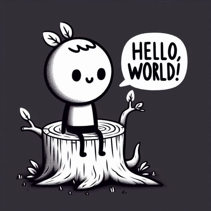 A cartoon person sitting on a tree trunk with a speech bubble stating "Hello, world!"